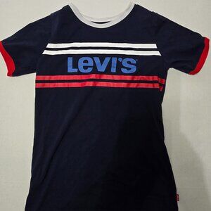 Levis Shirt Youth LG Navy Blue White Red Stripes Short Sleeve Cotton Round Neck